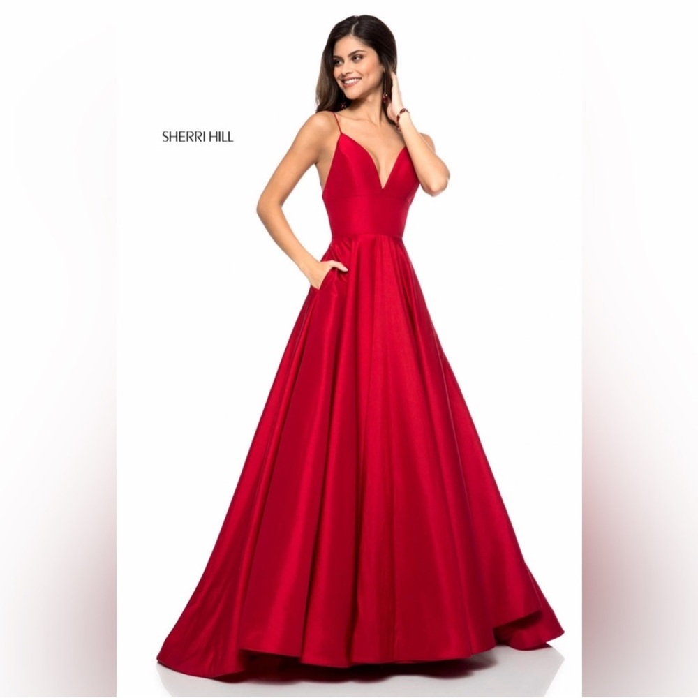 Sherri Hill Red Plunge V-Neck Ball Gown